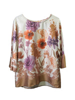 Bluză satinată în nuanțe de lila, crem și portocaliu, cu imprimeu floral amplu