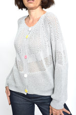 Cardigan gri cu umeri căzuți și nasturi colorați, fotografiat din lateral.