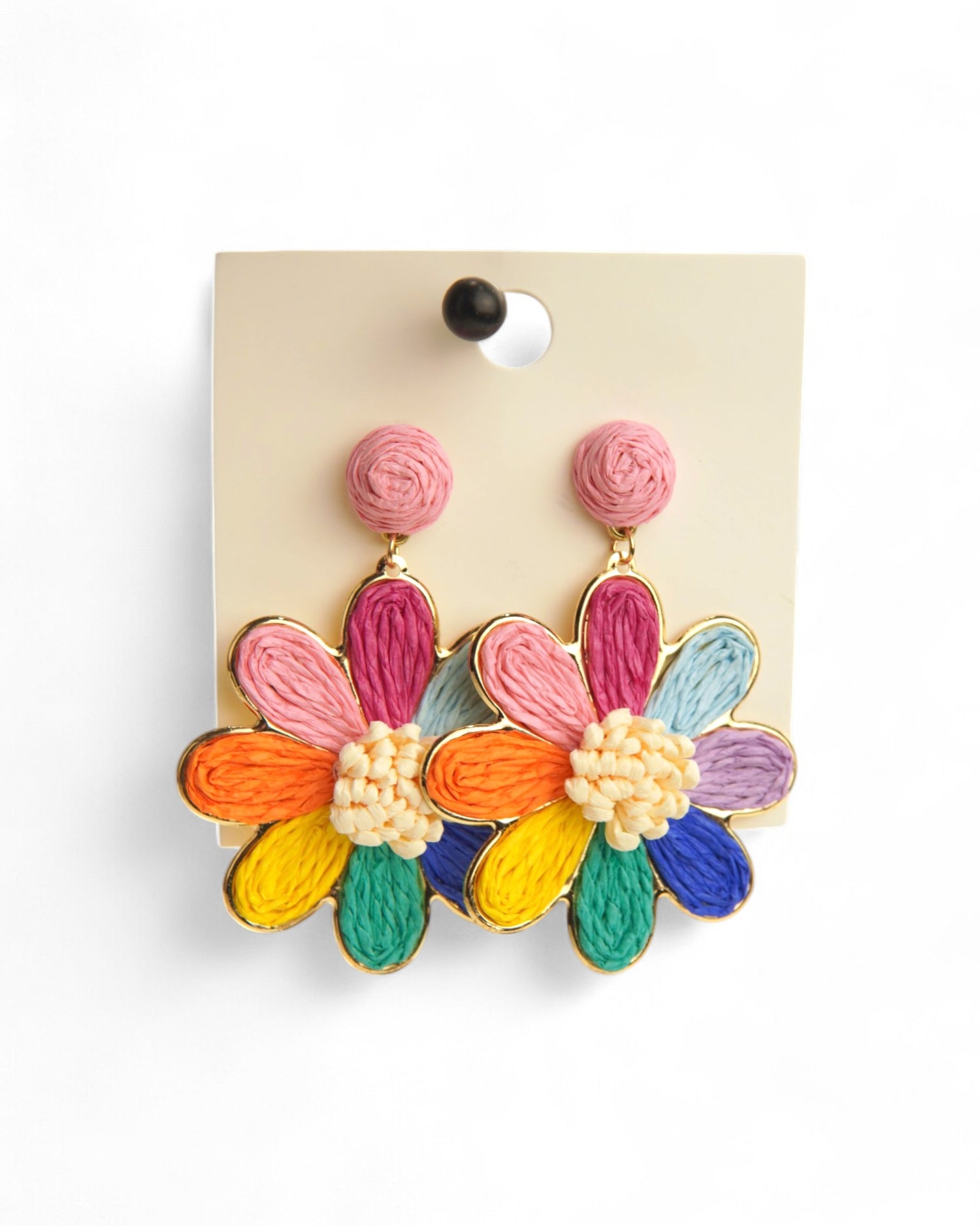 Cercei veseli, in forma de floare, cu petale multicolore si margini aurii.