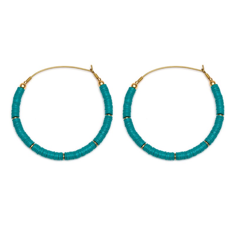 Cercei rotunzi tip hoop cu paiete turcoaz și detalii aurii, realizați manual din alamă reciclată