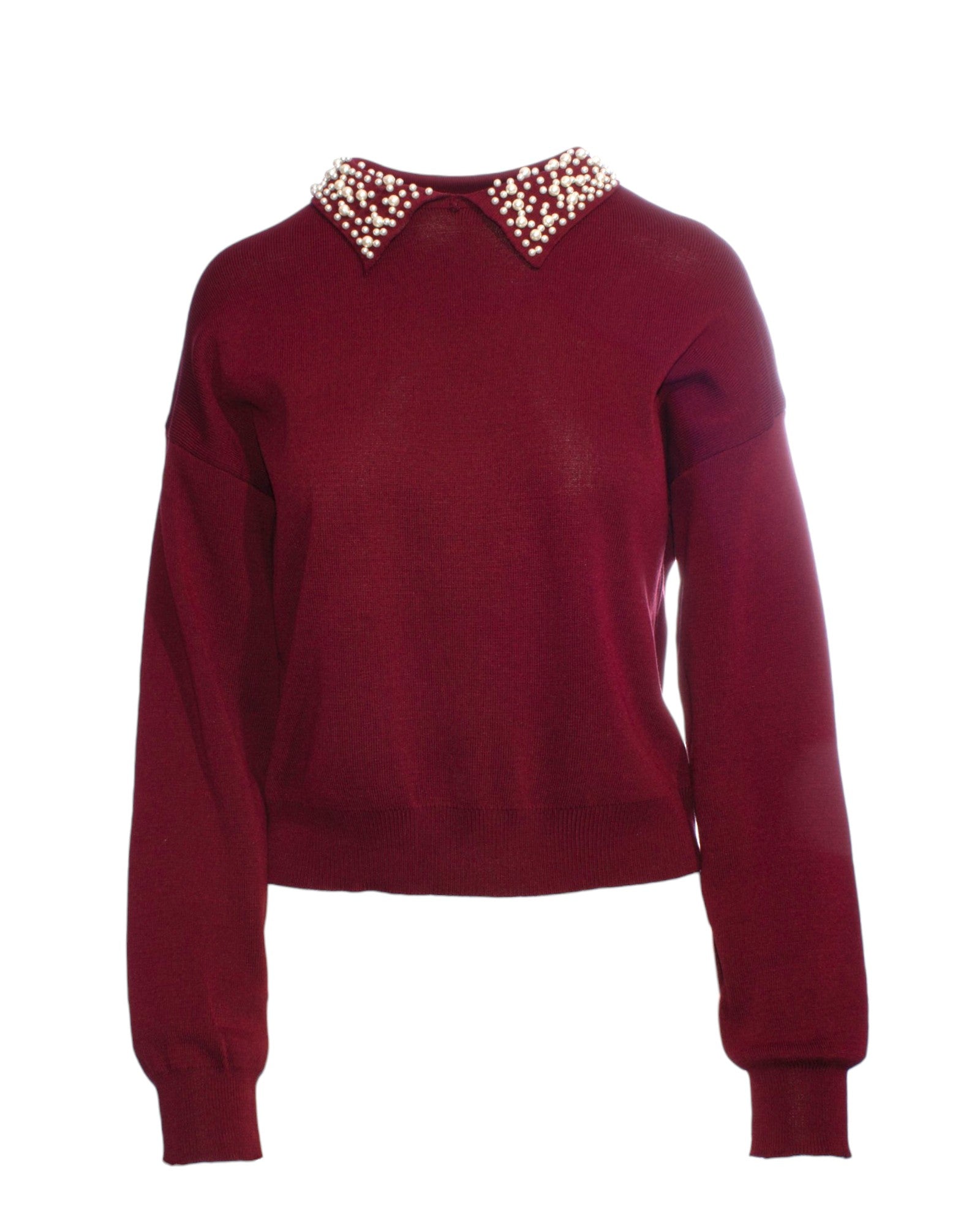Bluza elegantă vișinie cu guler decorat cu perle și croială dreaptă, vedere frontală.