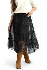 Fustă Midi Din Tull Negru Cu Buline Mici Catifelate