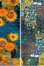 Eșarfă cu două fețe din cașmir și viscoză, cu imprimeu artistic în nuanțe de albastru și galben, reprezentând flori și floarea-soarelui.