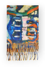 Eșarfă cu două fețe din cașmir și viscoză, cu imprimeu artistic abstract în nuanțe de albastru și portocaliu.