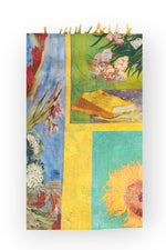 Eșarfă cu două fețe din cașmir și viscoză, cu imprimeu artistic reprezentând vaze cu flori pe o parte și floarea-soarelui pe cealaltă.