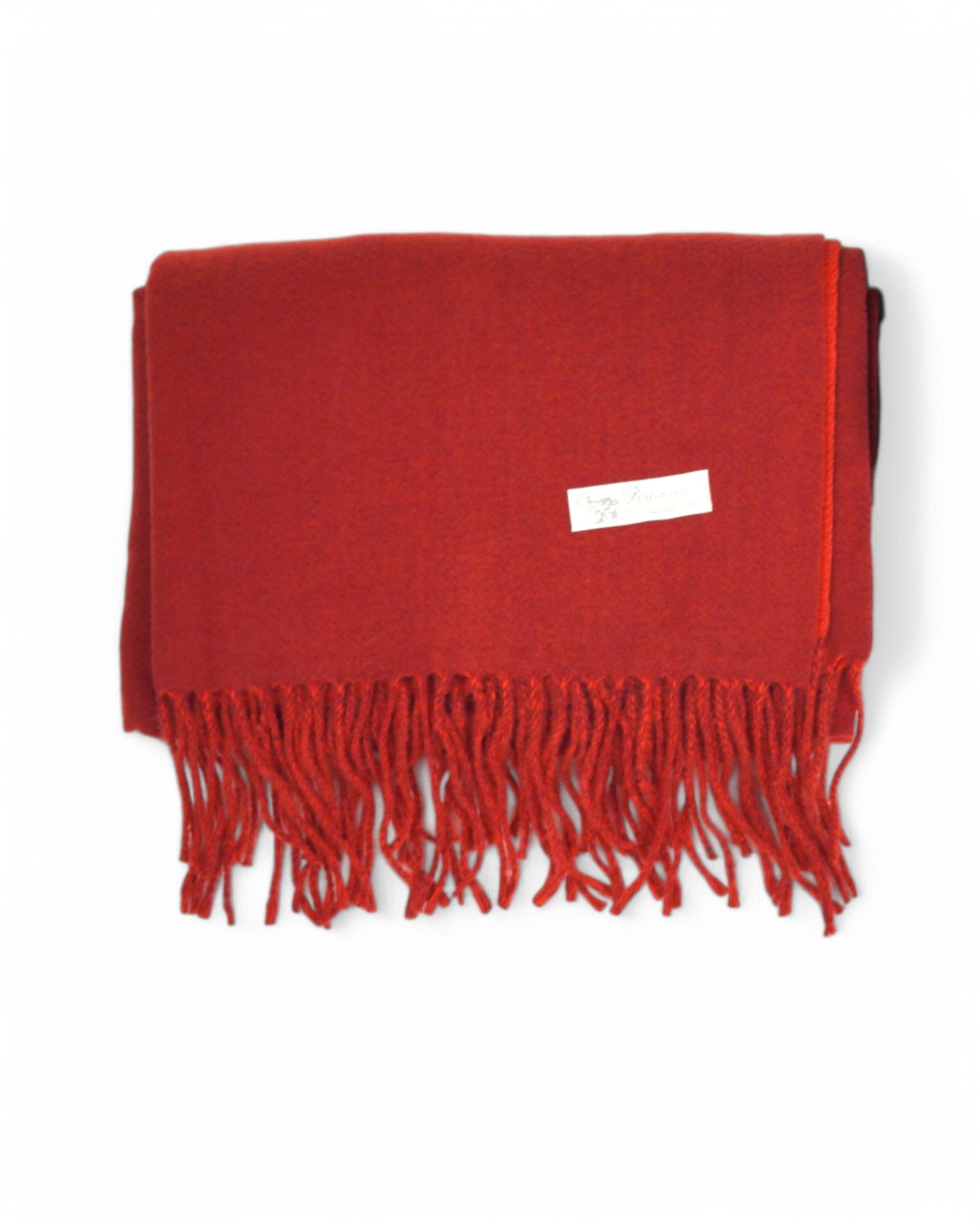 Fular pashmina roșu, prezentat întins pe fundal alb, cu franjuri fine la margine.
