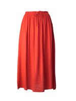 Fustă lungă roșie din in cu talie elastică și cordon ajustabil