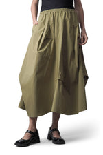 Fustă midi kaki cu croială balon, cu buzunare laterale și talie elastică
