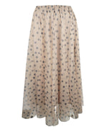 Fustă midi din tul cu buline mici gri pe fundal crem, pliuri delicate