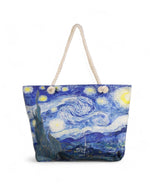 Geantă mare de plajă cu imprimeu 'Noapte înstelată' de Van Gogh, mânere din sfoară pescărească și buzunar interior.
