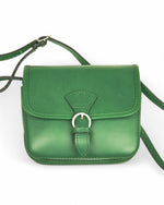 Geantă mică bucket verde, cu închidere cu cataramă și finisaj lucios elegant.