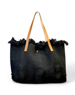 Geantă shopper neagră din bumbac cu franjuri și mânere din piele