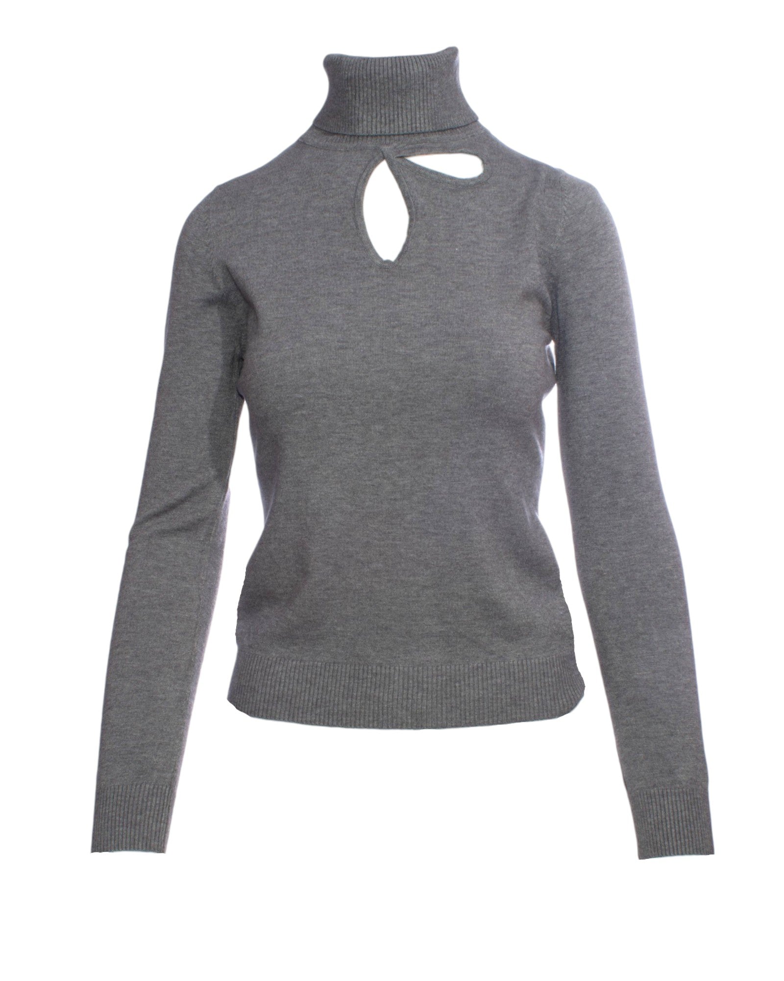 Maletă gri cu guler înalt și decupaj frontal, perfectă pentru un look contemporan.