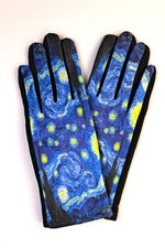 Mănuși imprimate cu detalii din pictura „Noaptea Înstelată” de Vincent van Gogh, din material moale și elastic.