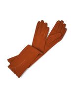 Mănuși lungi catifelate, caramizii, cu broderie elegantă.