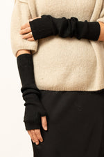 Detaliu prim-plan cu mănușile negre tricotate, fără degete, din material elastic.