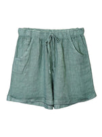 Pantaloni scurți verzi din in cu șnur reglabil și buzunare laterale