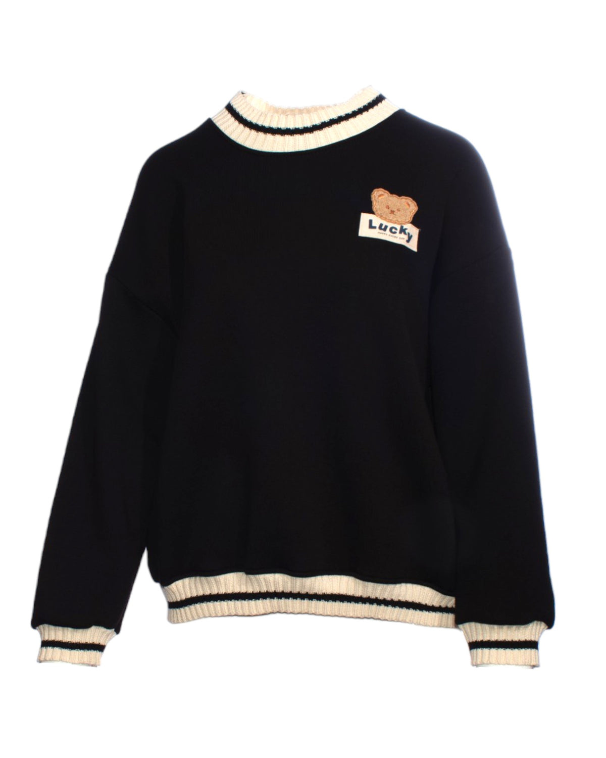 Poncho hanorac negru, decorat cu aplicație urs și detalii din tricot la guler și manșete.