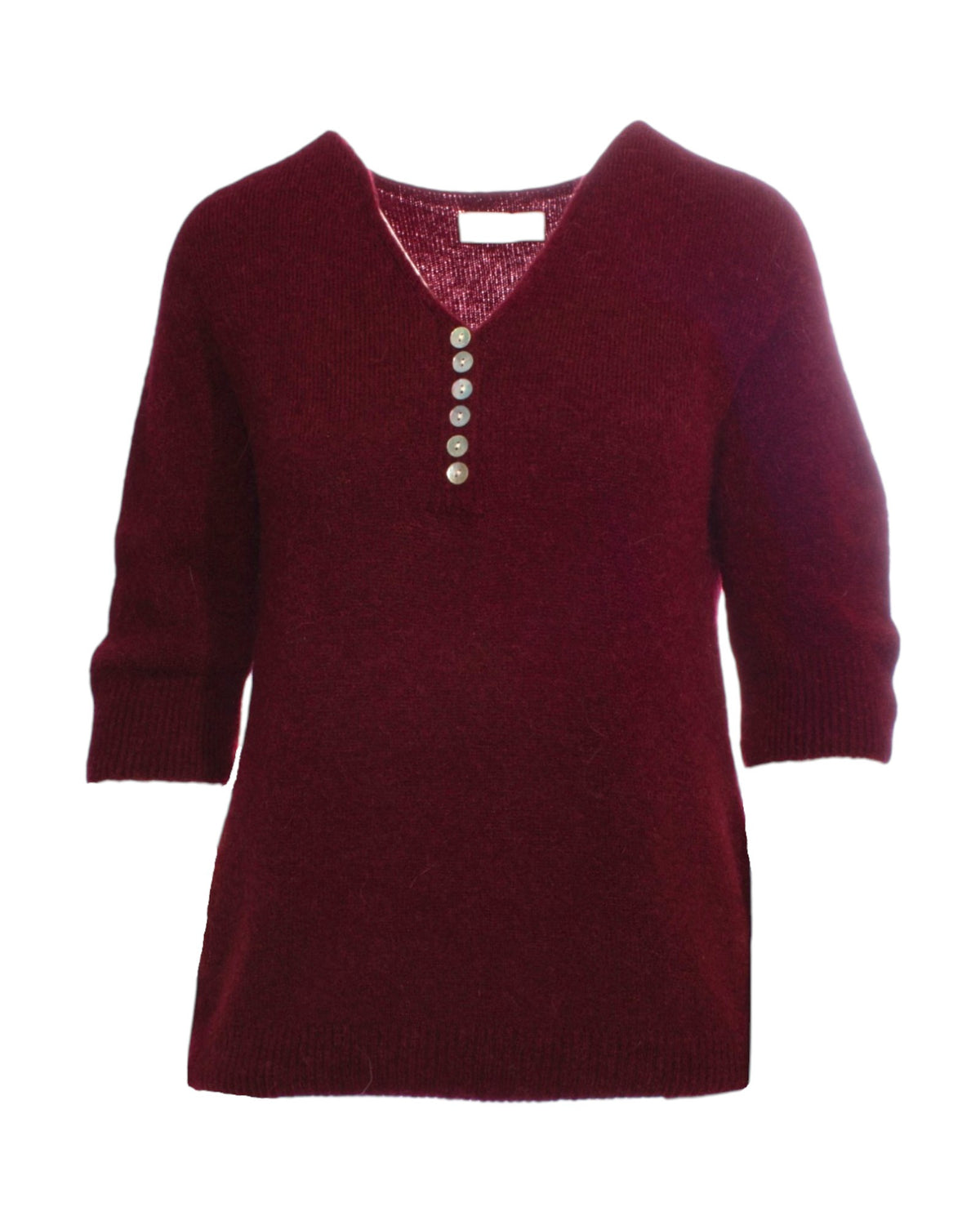 Pulover baby alpaca roșu închis, decolteu în V cu nasturi