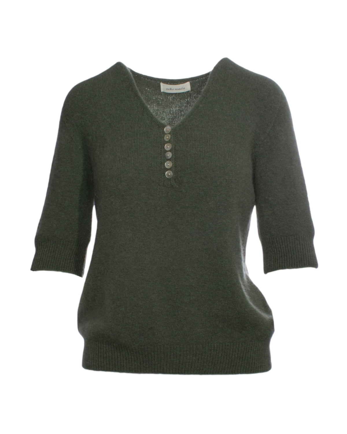 Pulover baby alpaca verde, decolteu în V cu nasturi și manșete trei sferturi