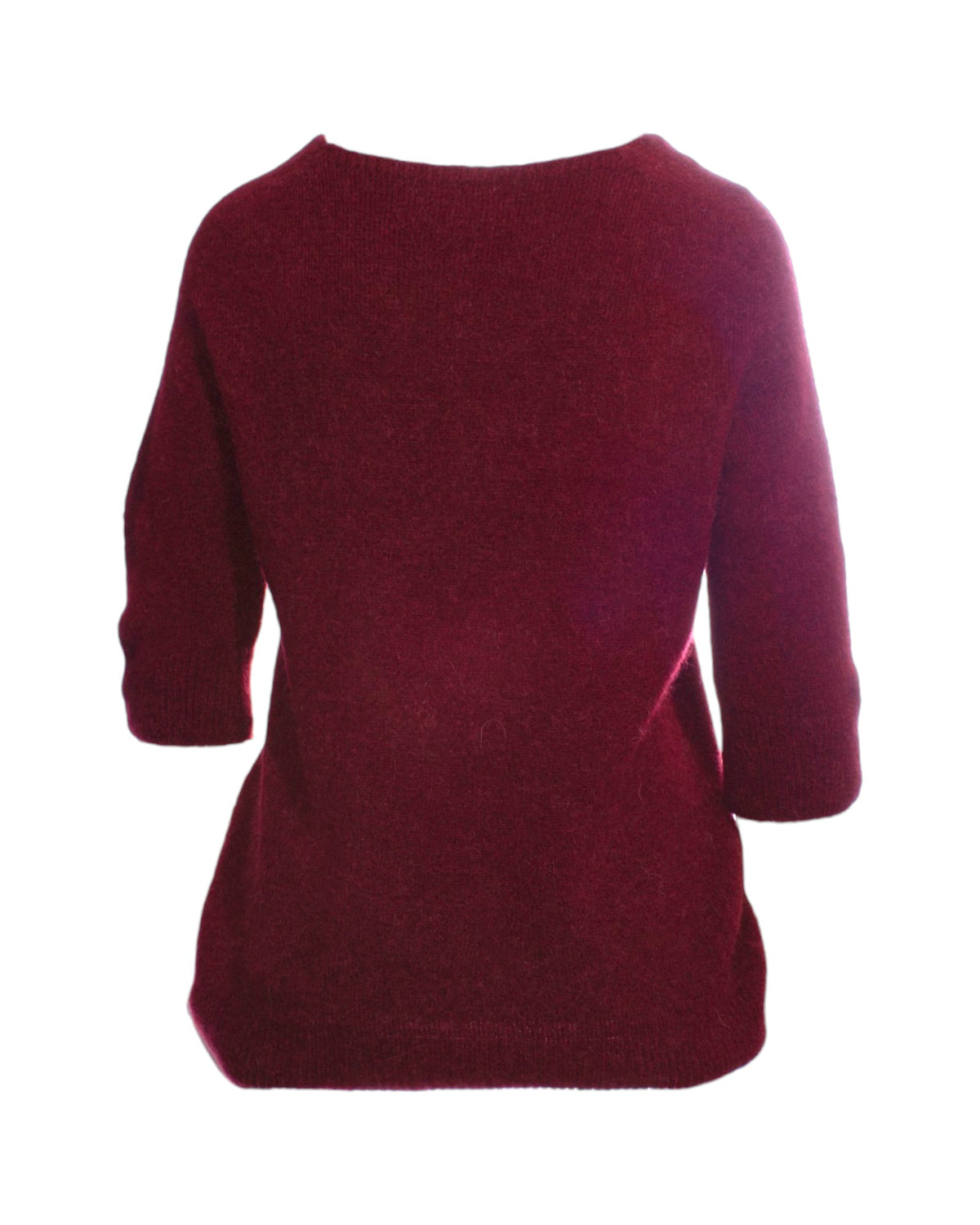 Vedere din spate pulover roșu baby alpaca, manșete trei sferturi