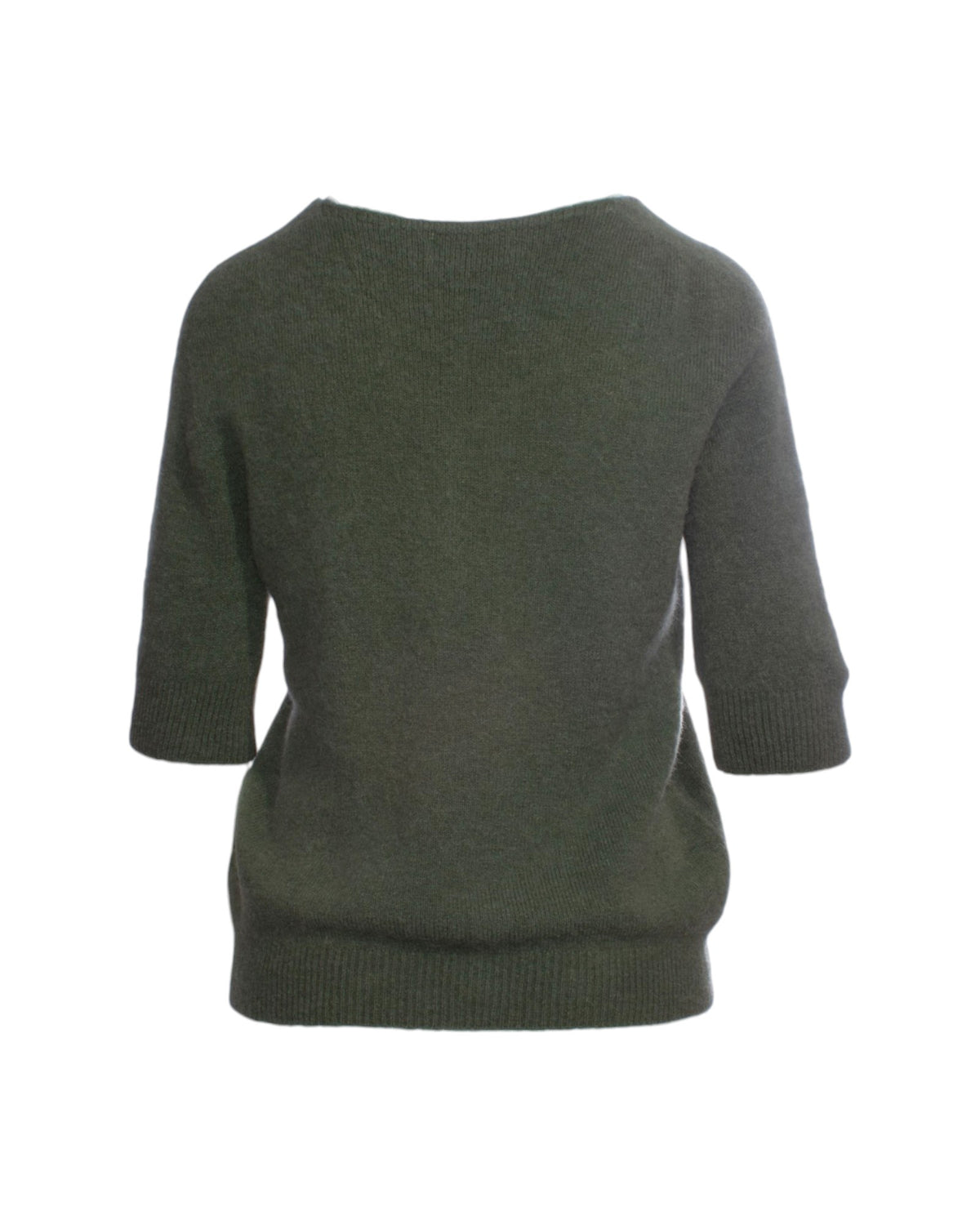 Vedere din spate pulover baby alpaca verde, umeri căzuți și manșete trei sfertu