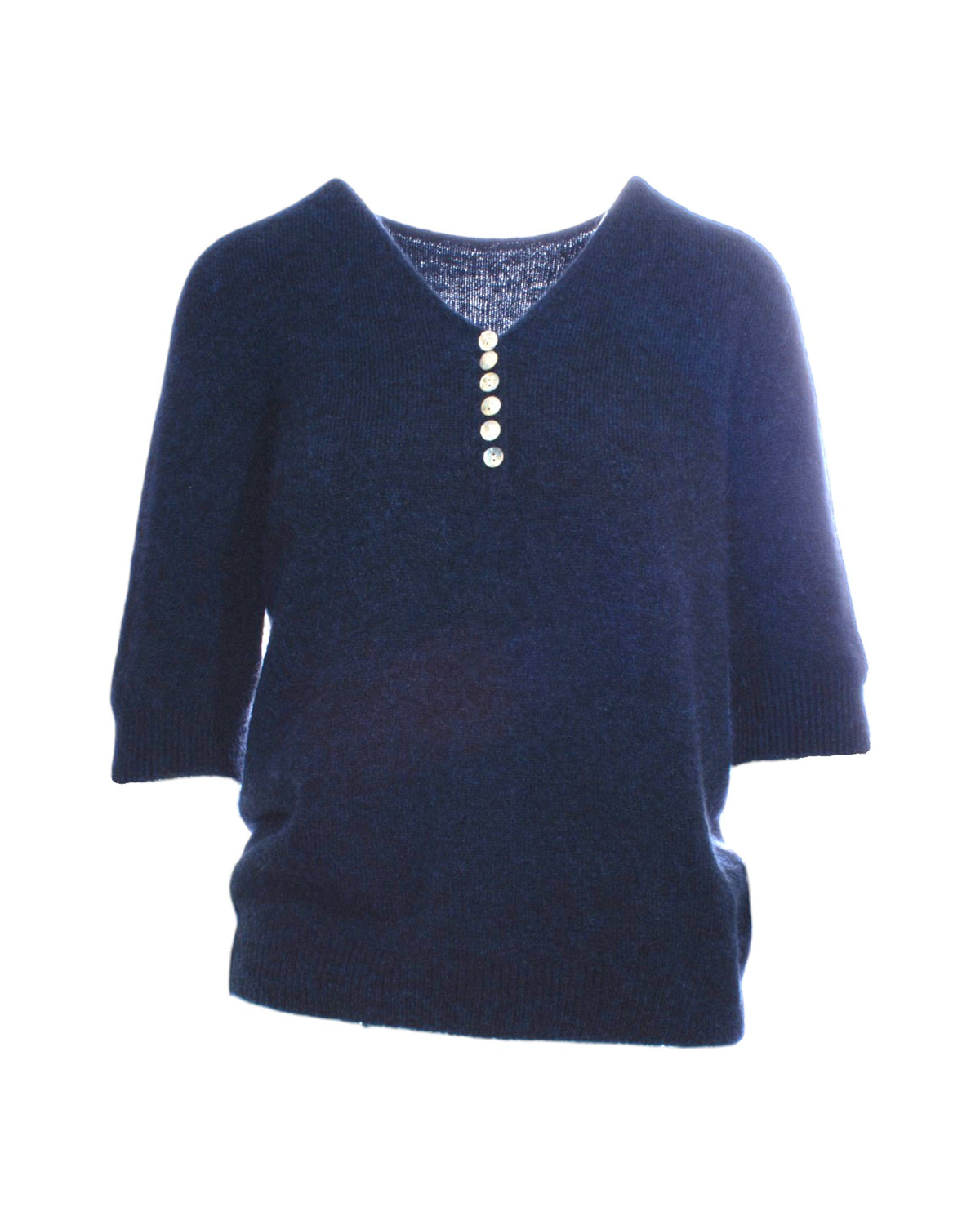 Pulover baby alpaca albastru, cu decolteu în V și nasturi decorativi