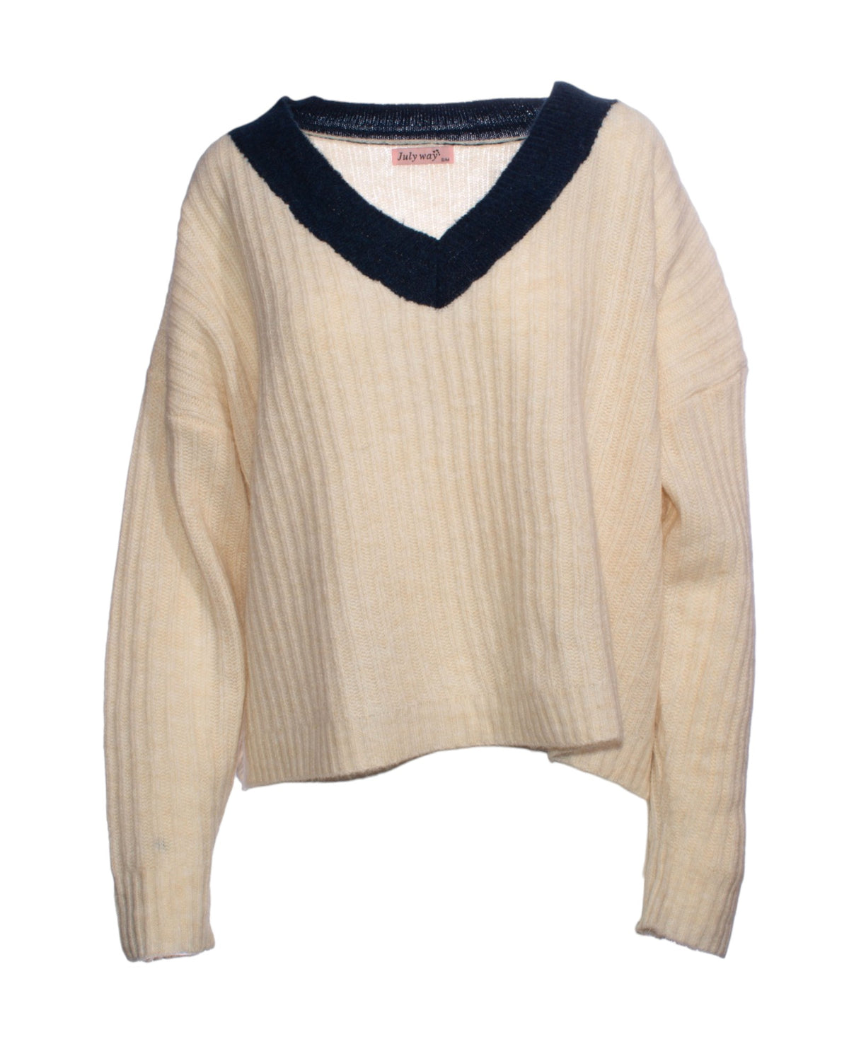 Pulover crem cu decolteu în V și guler contrastant albastru, vedere frontală.