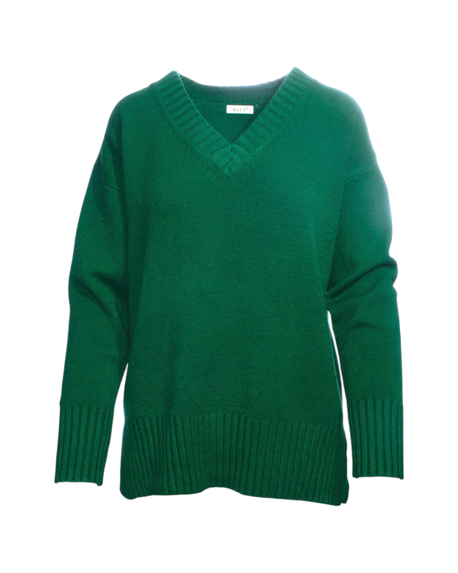 Pulover verde închis, cu decolteu în V, material plăcut la atingere.