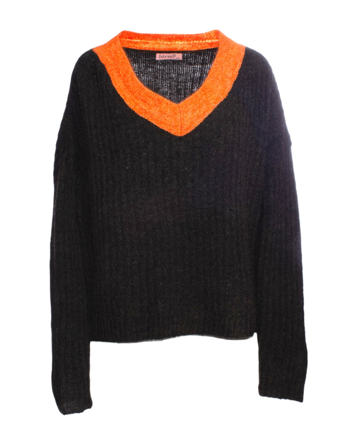 Pulover negru cu decolteu în V și detalii portocalii la guler.
