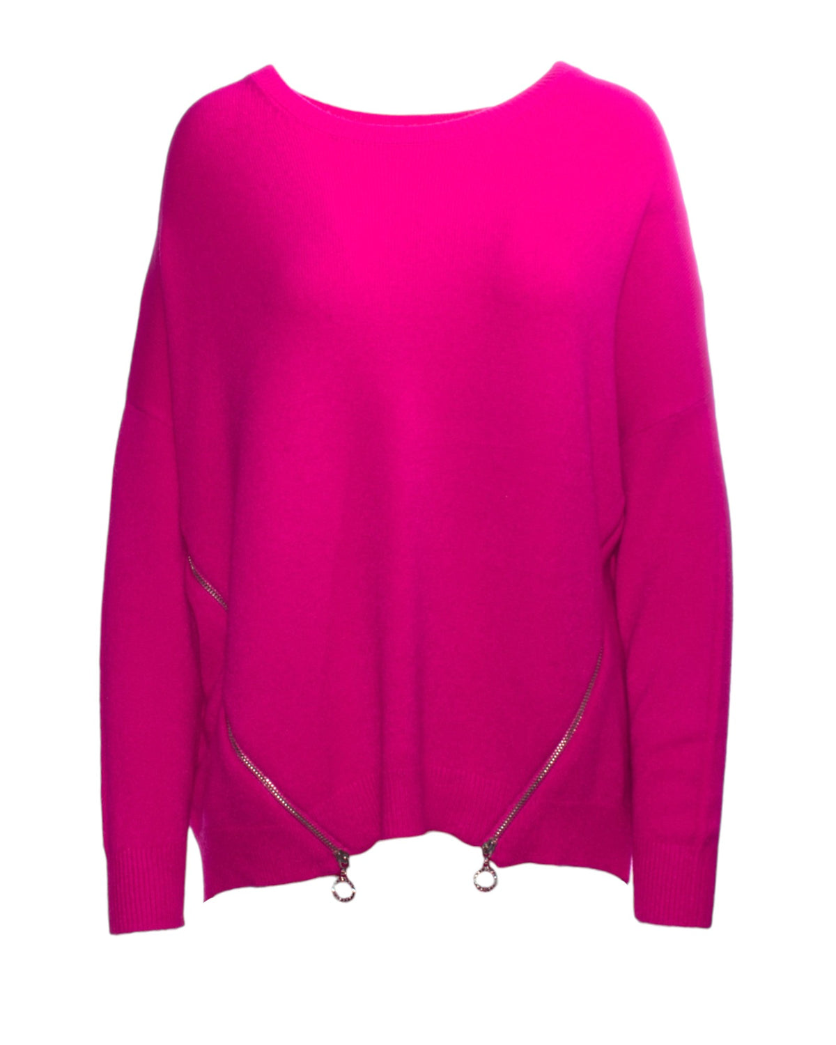 Pulover roz vibrant cu fermoare decorative în partea de jos, vedere frontală.