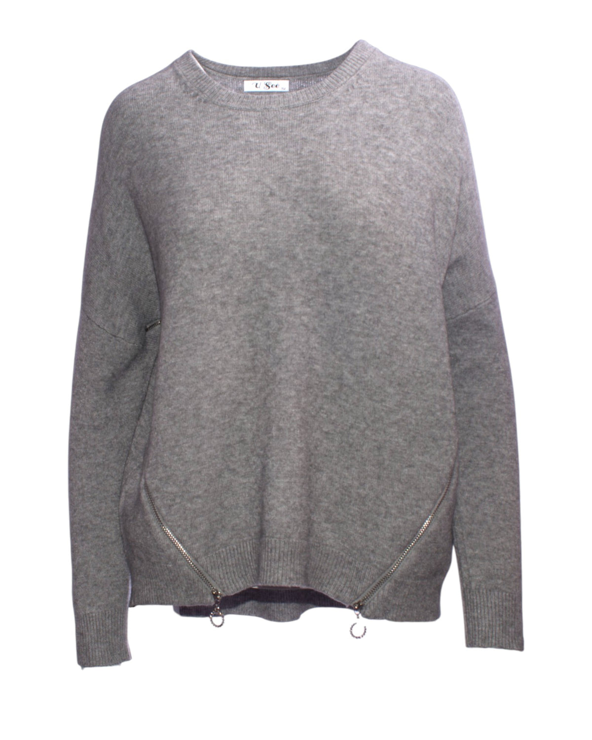 Pulover gri cu fermoare decorative, vedere din față, croială lejeră.