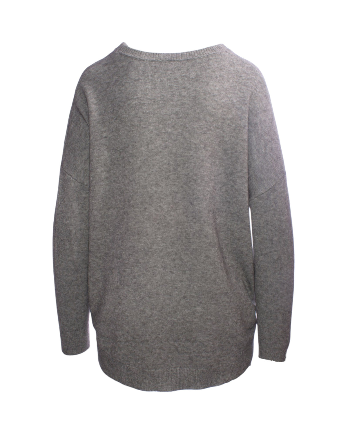 Pulover gri cu fermoare decorative, vedere din spate, detalii minimaliste.