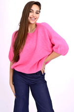 Pulover damă oversize cu mânecă scurtă, roz, tricot moale cu alpaca.