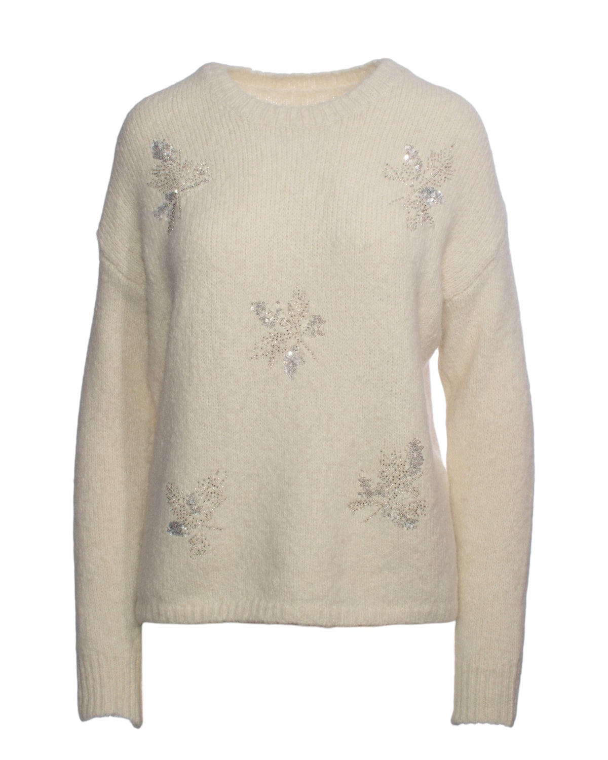 Pulover alb pufos cu detalii din paiete în formă de frunze