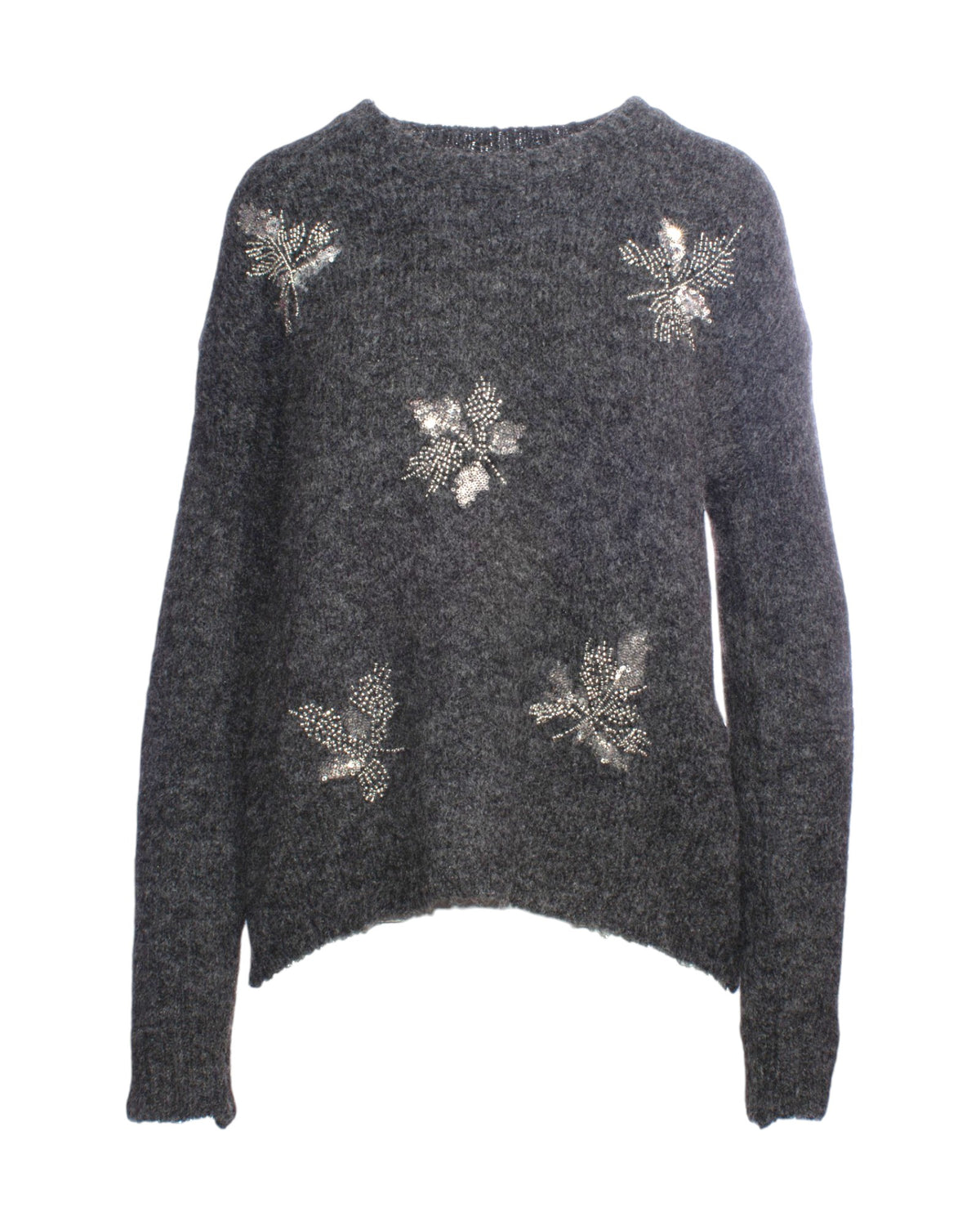 Pulover pufos gri cu frunze decorative din paiete aplicate în partea frontală