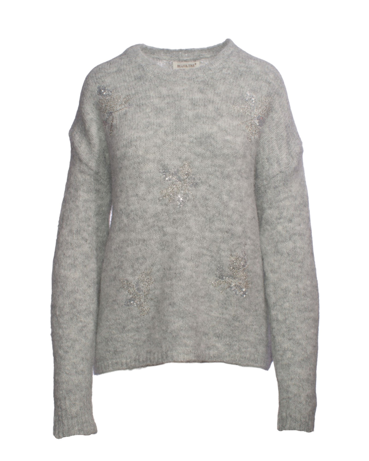 Pulover gri pufos cu frunze decorative din paiete aplicate manual