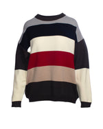 Pulover cu dungi late colorate, vedere din față, dungi în tonuri gri, roșu și bej.