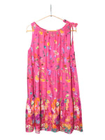 Rochie babydoll fără mâneci, fucsia intens, cu imprimeu floral colorat și fundiță pe umăr