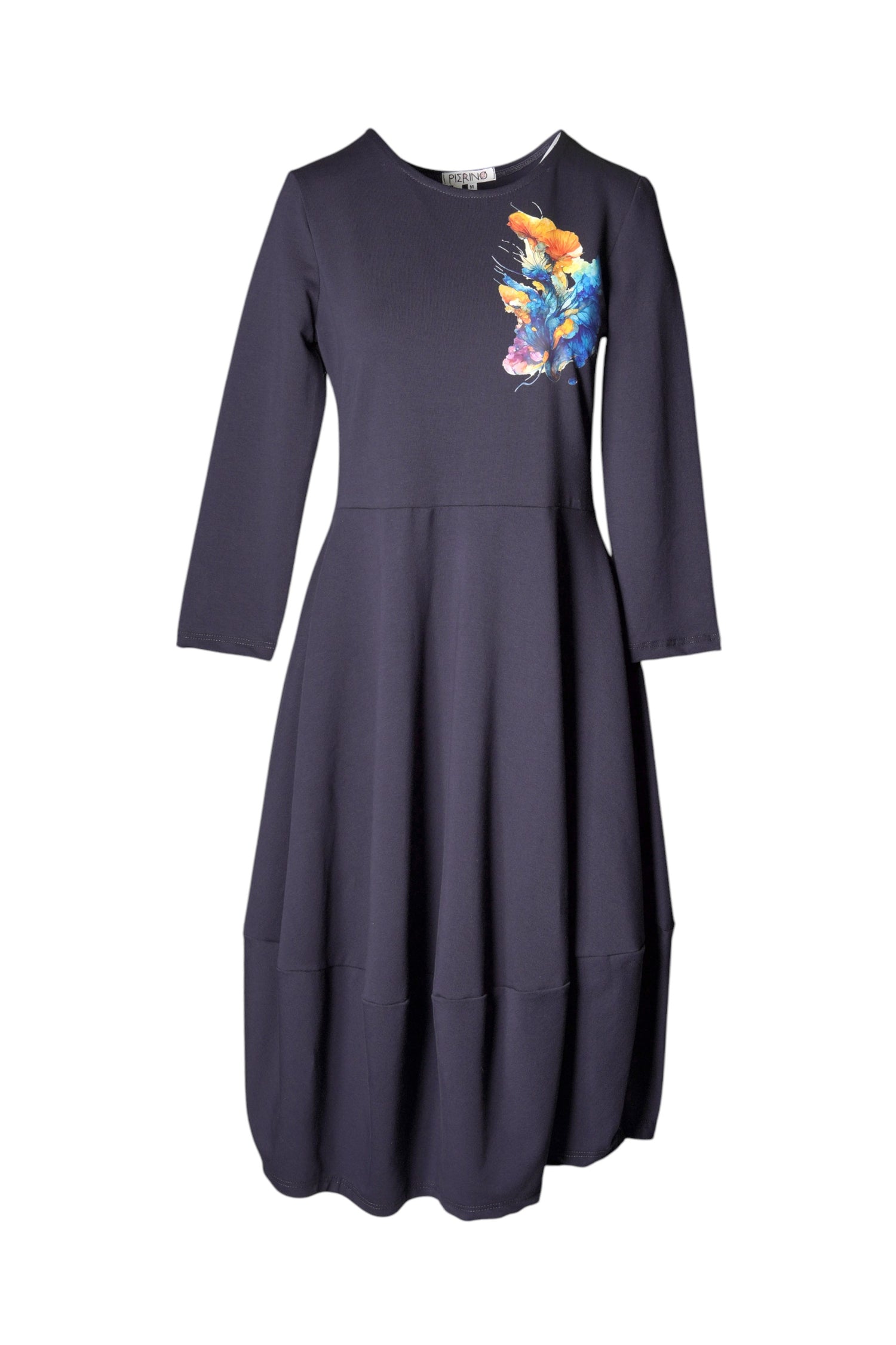 Rochie bleumarin Pierino cu mâneci lungi și imprimeu floral colorat în zona bustului, croială în A.