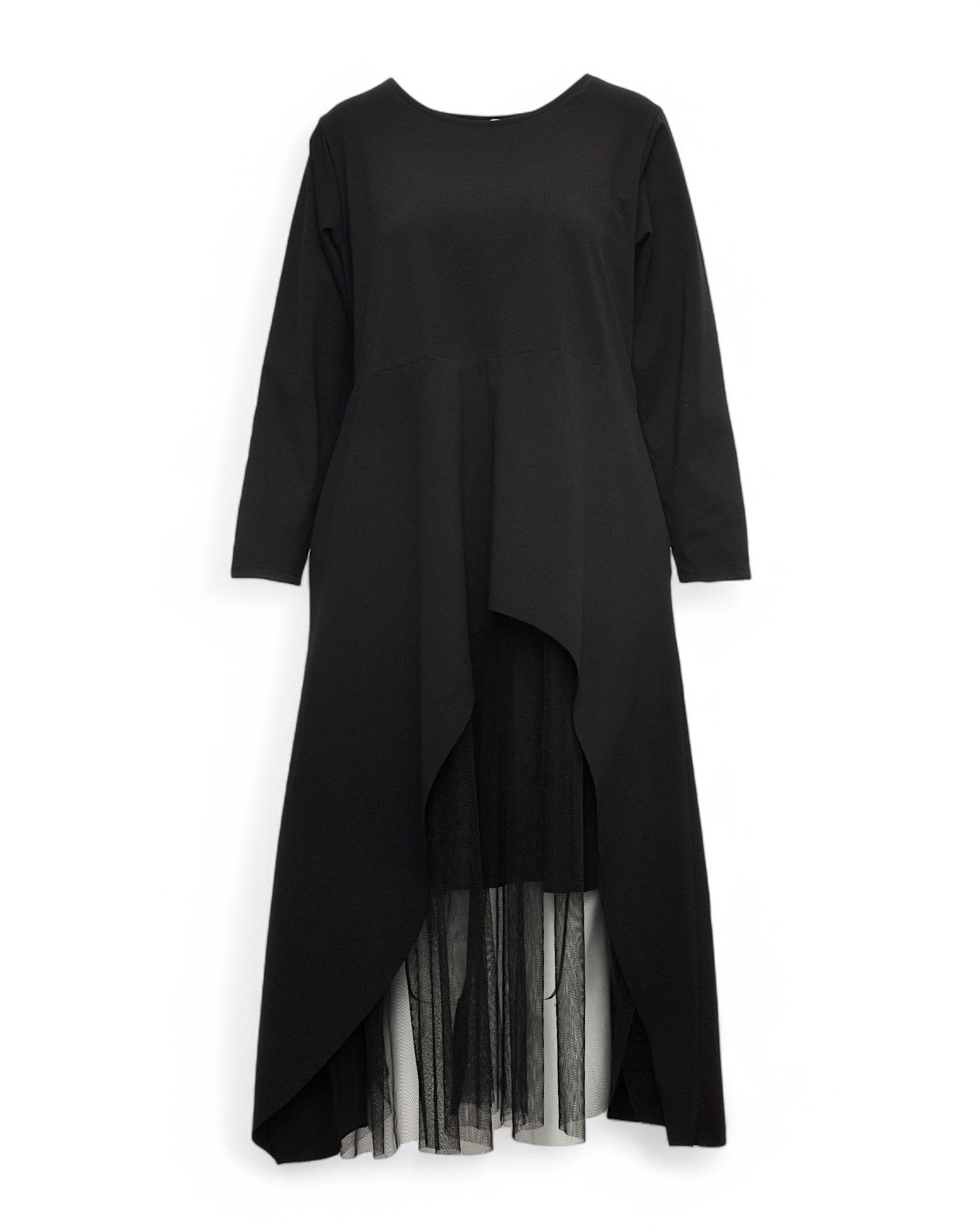 Rochie neagră elegantă, cu mâneci lungi și decolteu rotund, vedere din față.