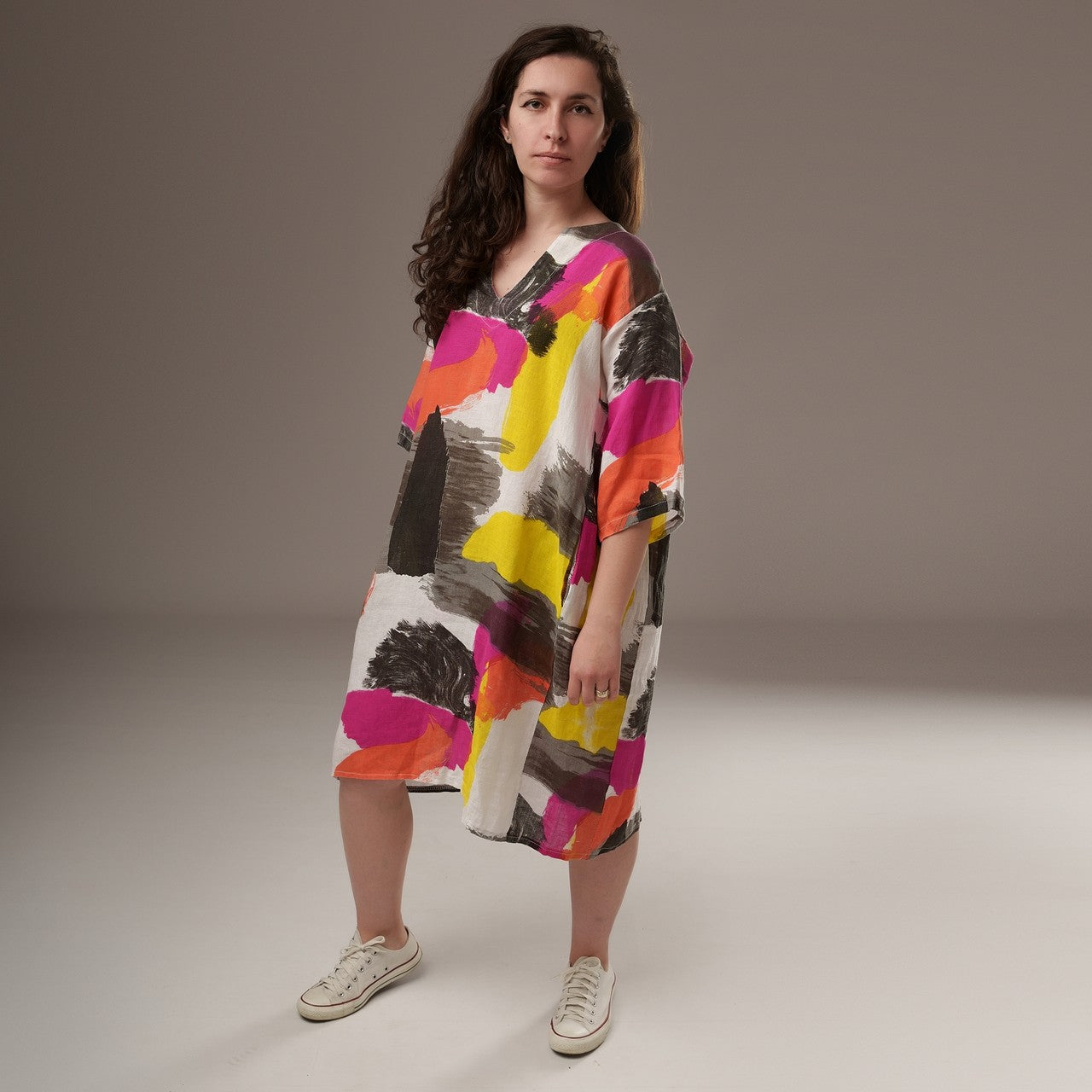 Rochie midi din in, cu imprimeu abstract colorat, vedere față