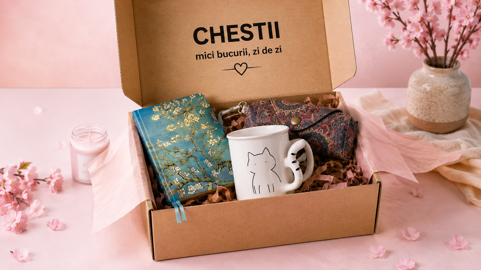 Colecția CHESTII prezentată într-o cutie cadou cu agendă florală inspirată de Van Gogh, cană cu model pisică și husă decorativă pentru accesorii, într-un decor pastel delicat.