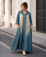 Rochie lungă din denim fluid albastru vintigizat, cu guler de cămașă și aer vintage — All Above Boutique.
