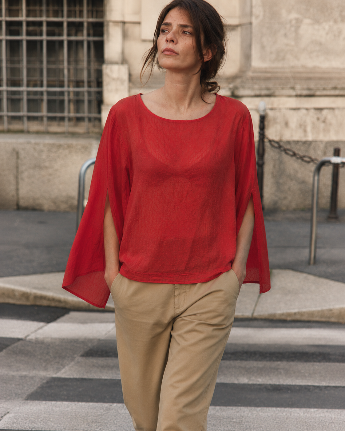 Bluza bumbac verde fistic maneca despicata vedere frontala, croi relaxat, All Above Boutique