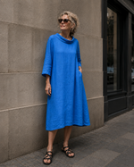 Rochie midi din in rosu somon cu guleras vedere frontala, talie definita, All Above Boutique