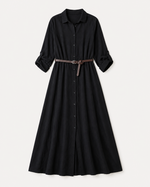 Rochie cămașă lungă cu curelușă, în nuanța negru, vedere din față.