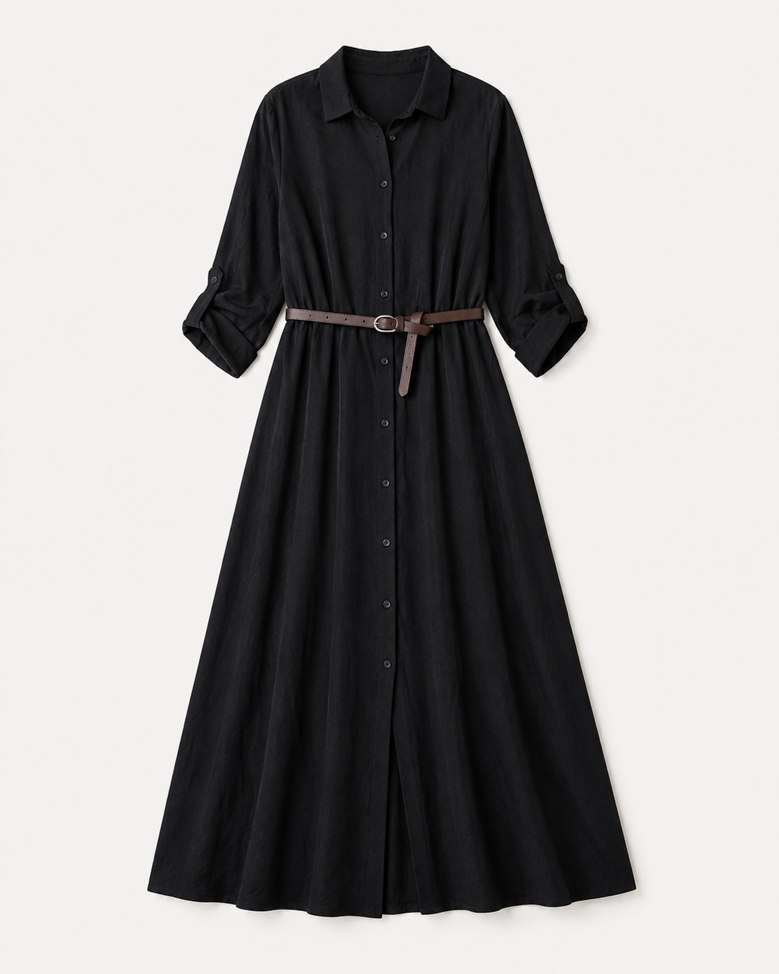 Rochie cămașă lungă cu curelușă, în nuanța negru, vedere din față.