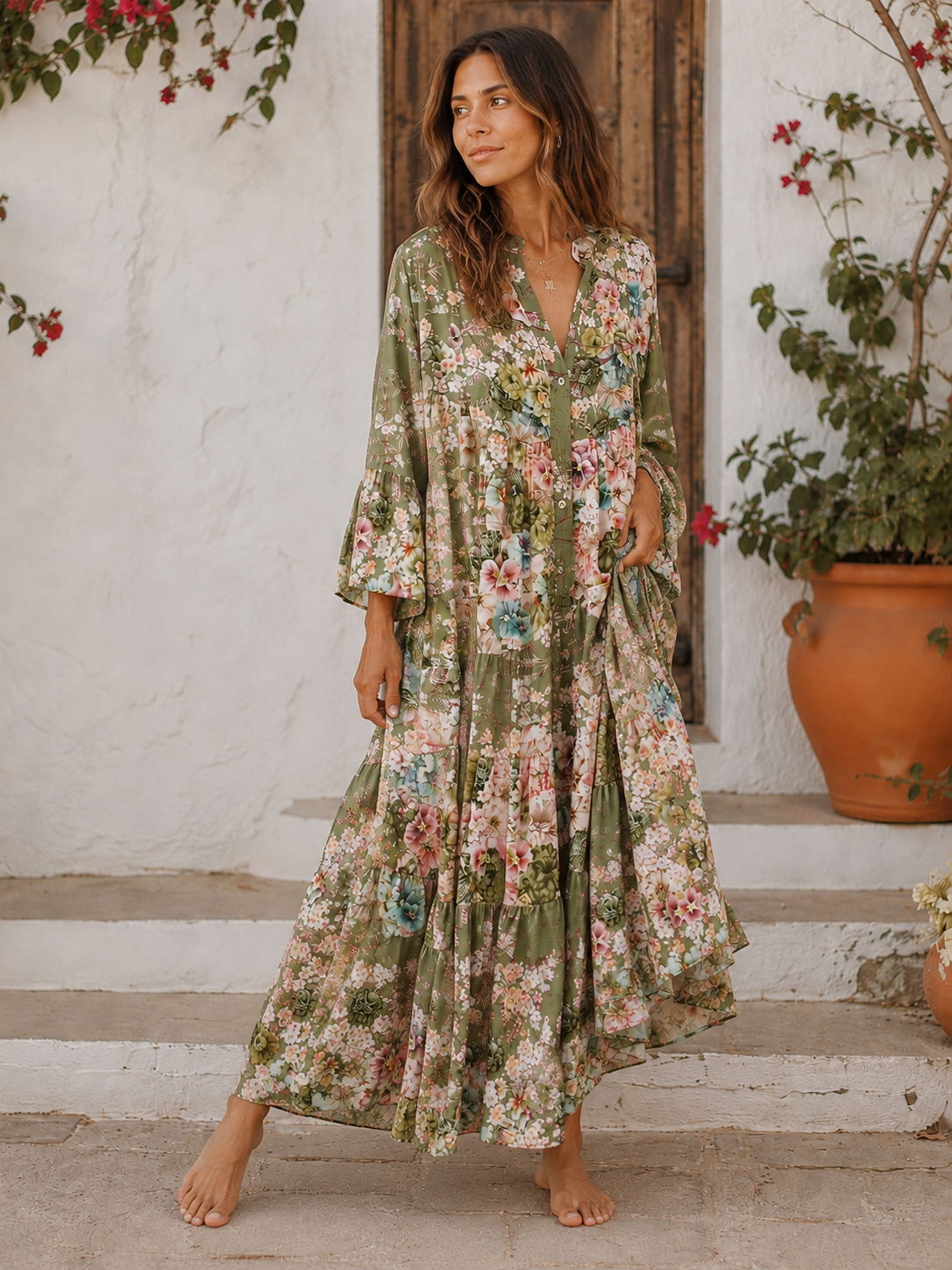 Rochie lungă bumbac floral vedere laterală, mâneci lungi volane, croială boemă, All Above Boutique
