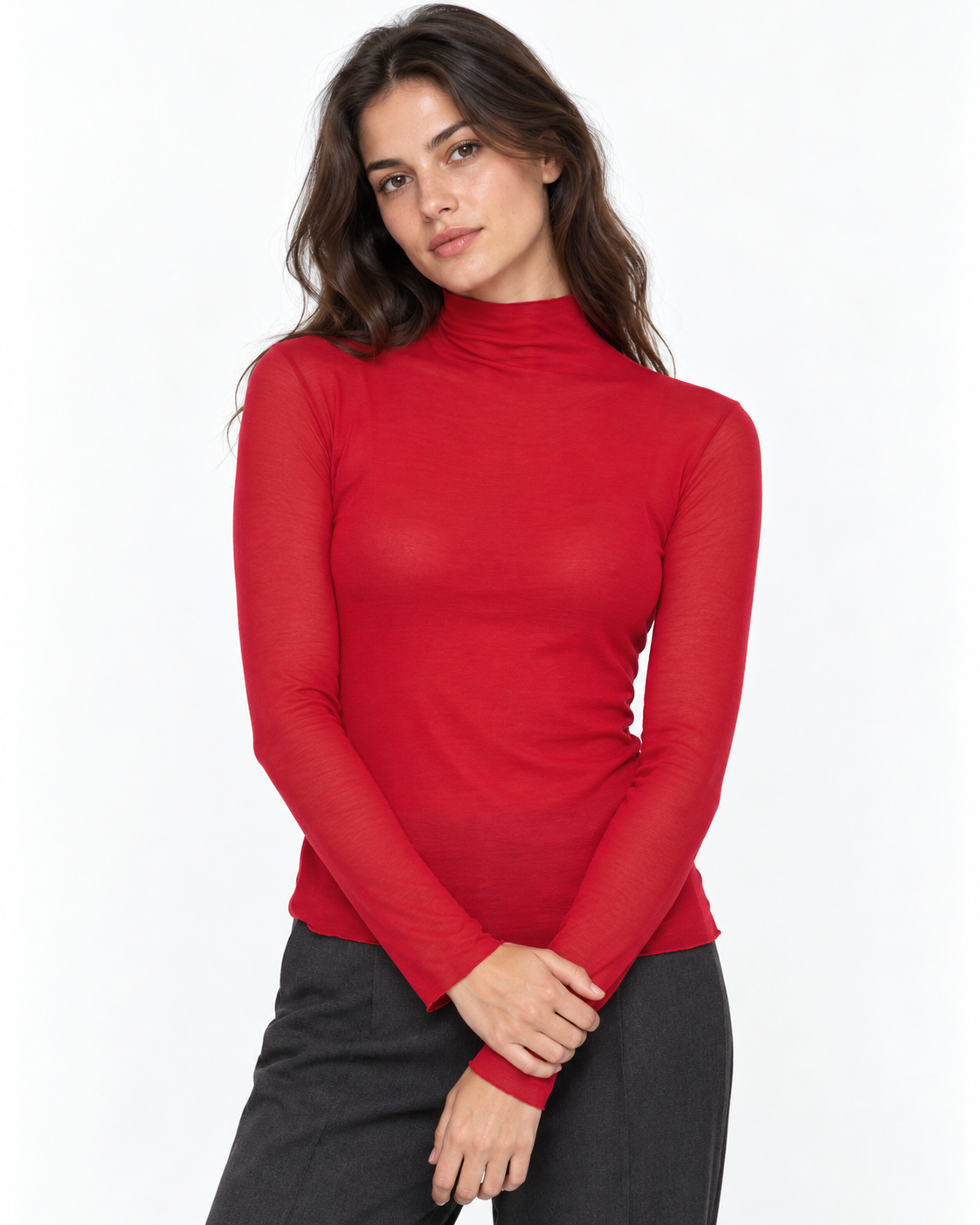 Maletă fină roșu aprins din viscoză cu cașmir, cu guler scurt, purtată cu pantaloni gri - All Above Boutique